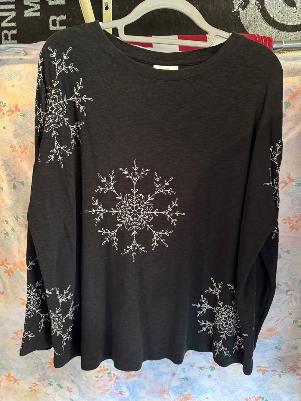 J. Jill Black Long-Sleeve Top with White Snowflake Embroidery
